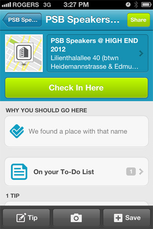foursquare app showing the location of PSB Speakers @ HIGH END 2012