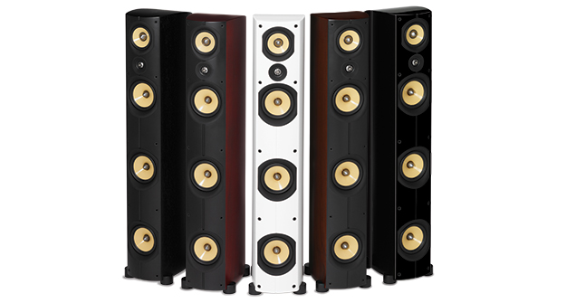 5 PSB tower speakers next to each other